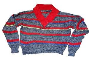 Vintage Gitano Shawl Collar Sweater Sz L (42) 80s Striped Korea Cable Knit Red